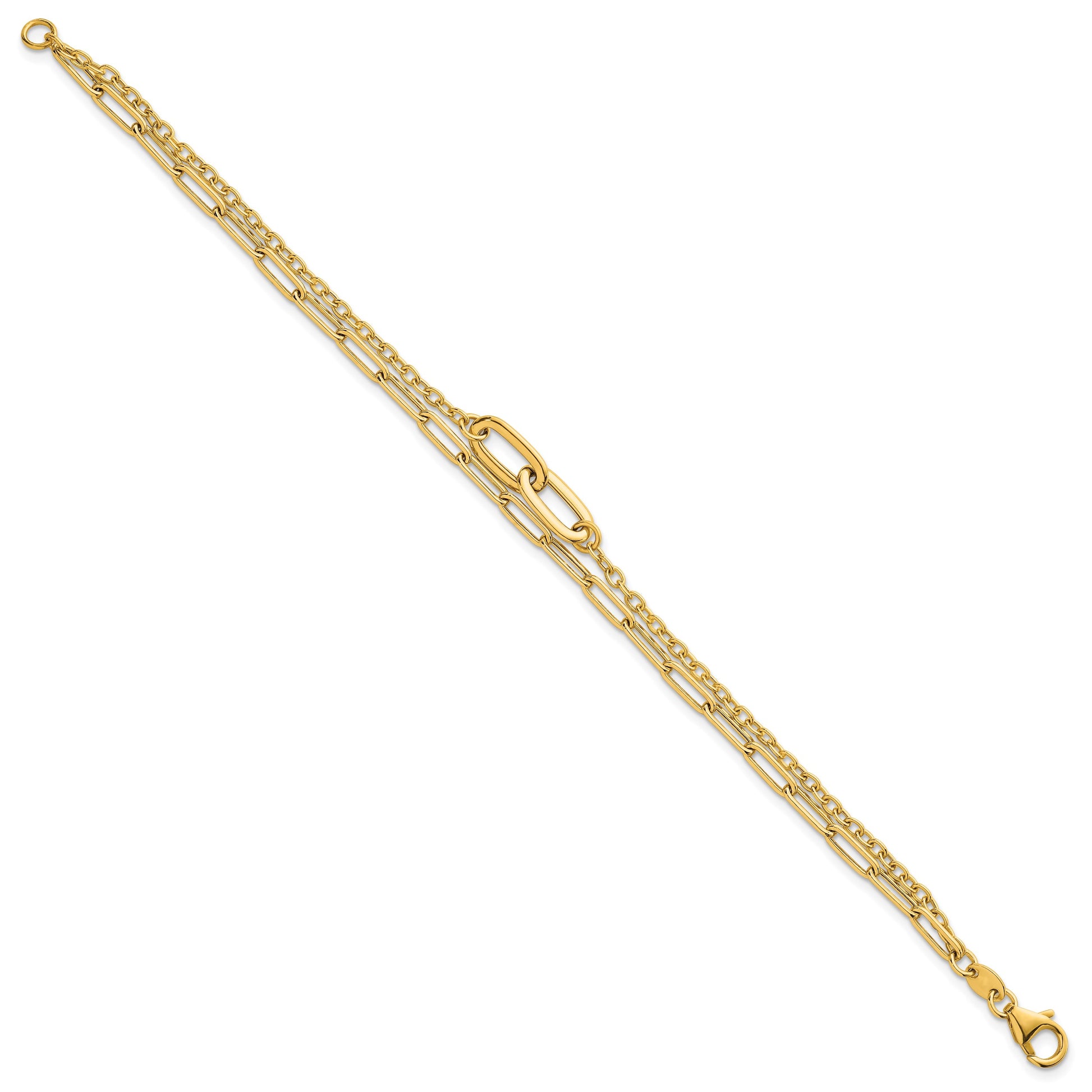 14k Polished Paperclip and Oval Cable Link Double Strand 7.5 inch Bracelet
