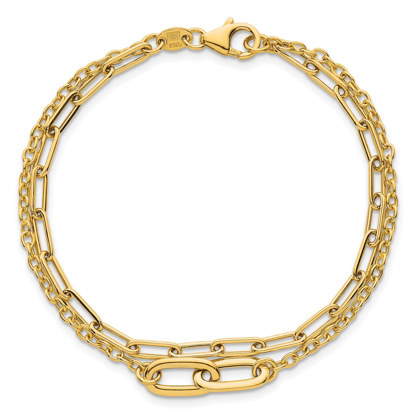 14k Polished Paperclip and Oval Cable Link Double Strand 7.5 inch Bracelet
