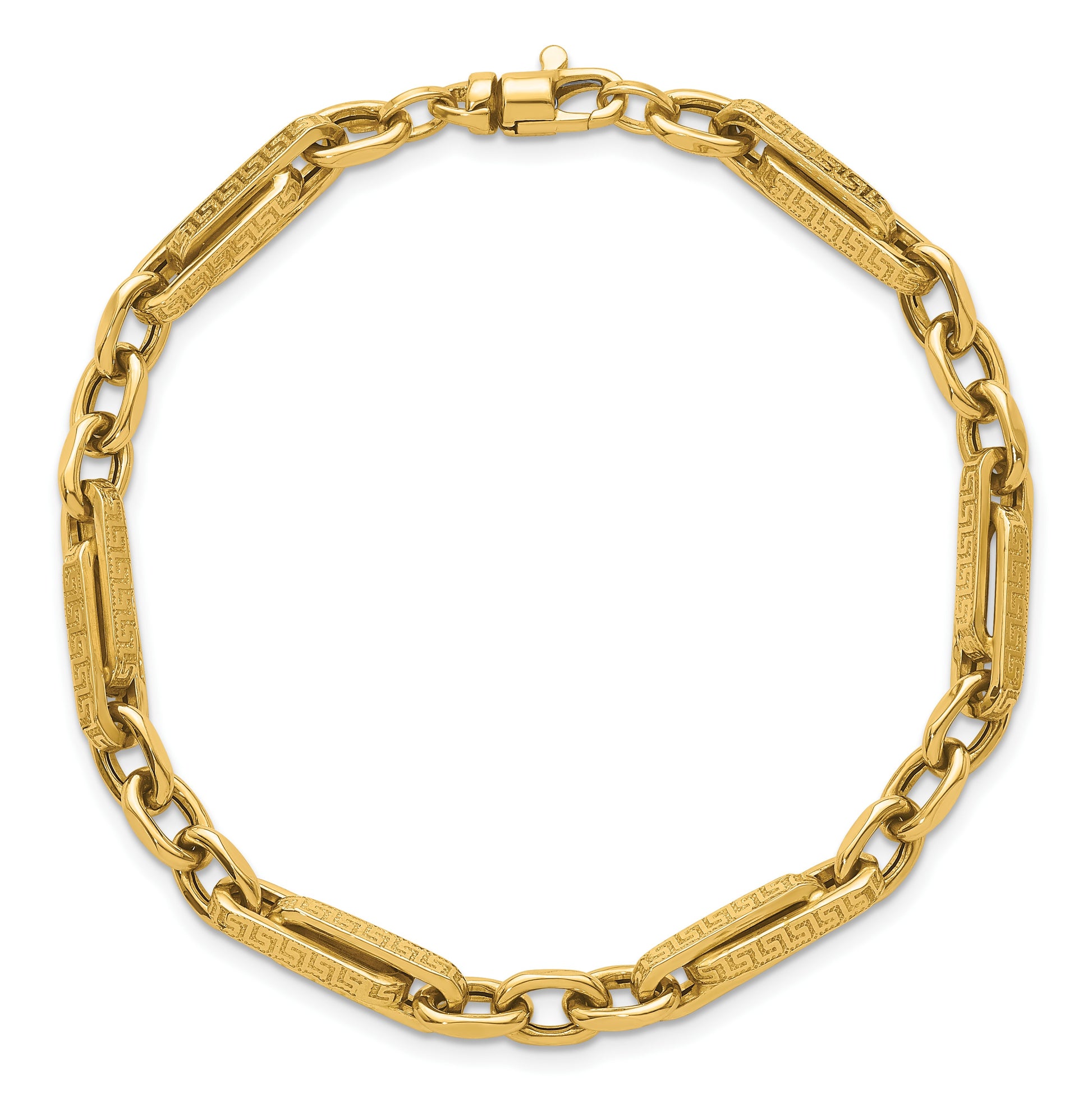 14k Polished and Textured 4.8mm Greek Key Design Links 7.75 inch Bracelet
