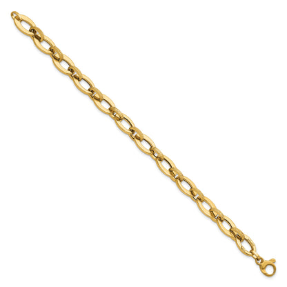 14K Polished and Textured Greek Key Etched 10mm Fancy Oval Link 7.75 inch Bracelet