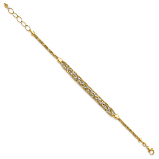 14k Two-Tone Textured Diamond-cut 7mm Beaded 7.5 inch Bracelet Plus 1 inch Extender