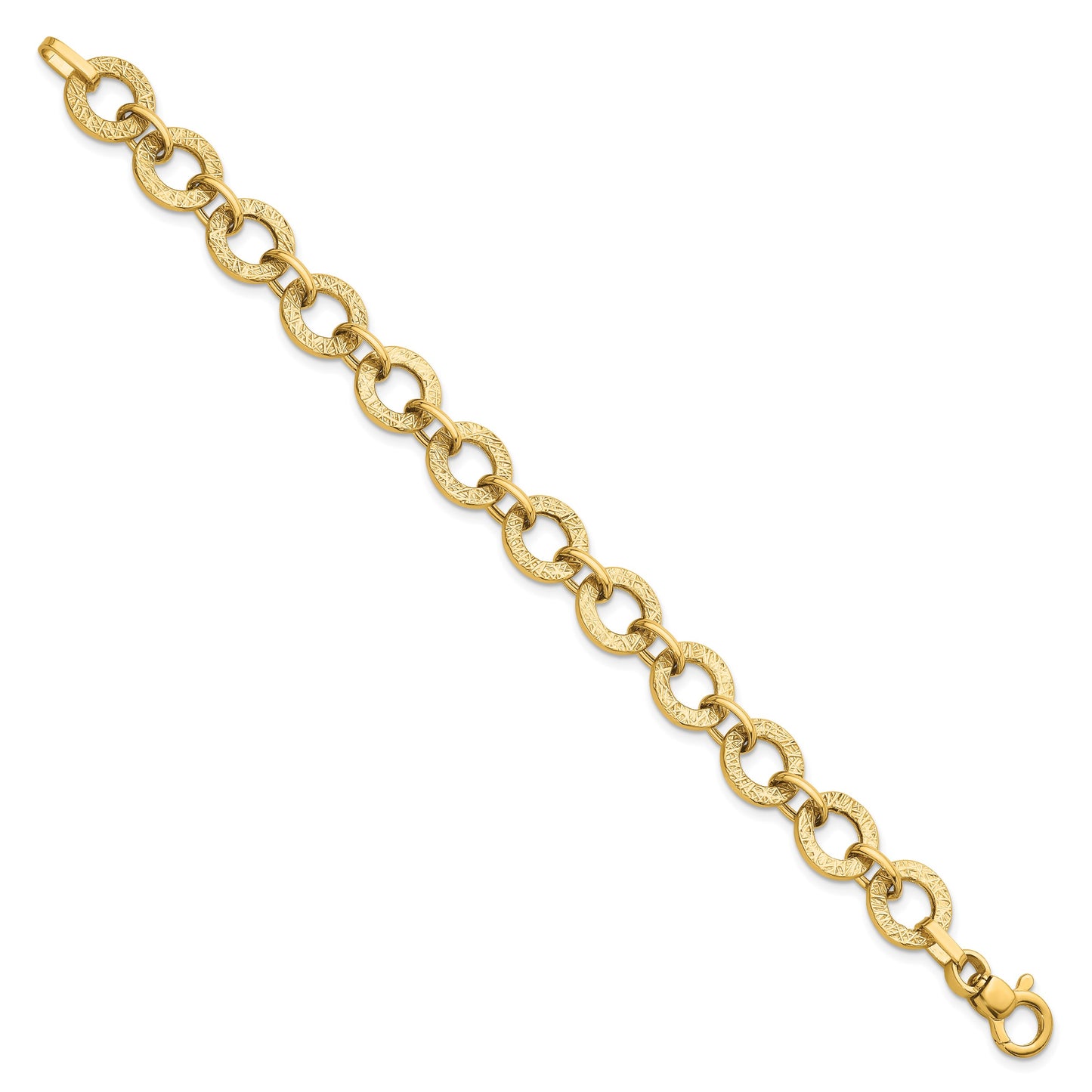 14K Polished and Textured 12mm Fancy Round Link 7 inch Bracelet
