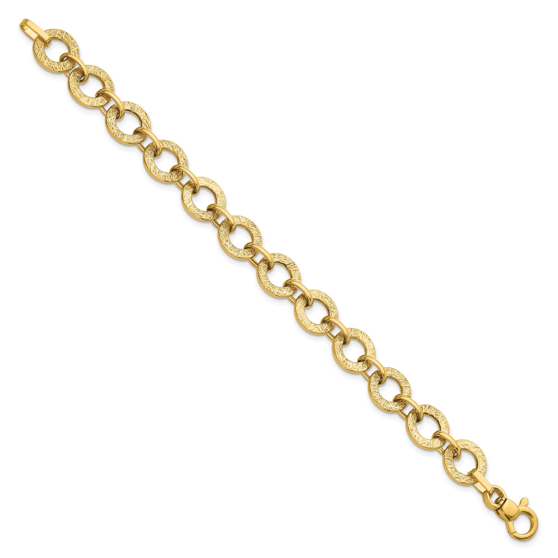 14K Polished and Textured 12mm Fancy Round Link 7 inch Bracelet