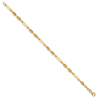 14K Polished 4mm Fancy Paperclip and Puffed Anchor/Mariner Link 7.5 inch Bracelet