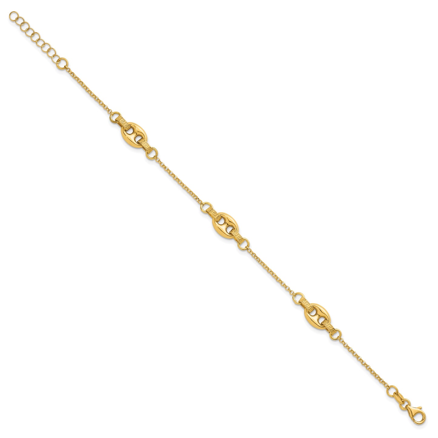 14K Polished and Textured 10.6mm Greek Key Etched Link 7.25 inch Bracelet Plus 1 inch Extender