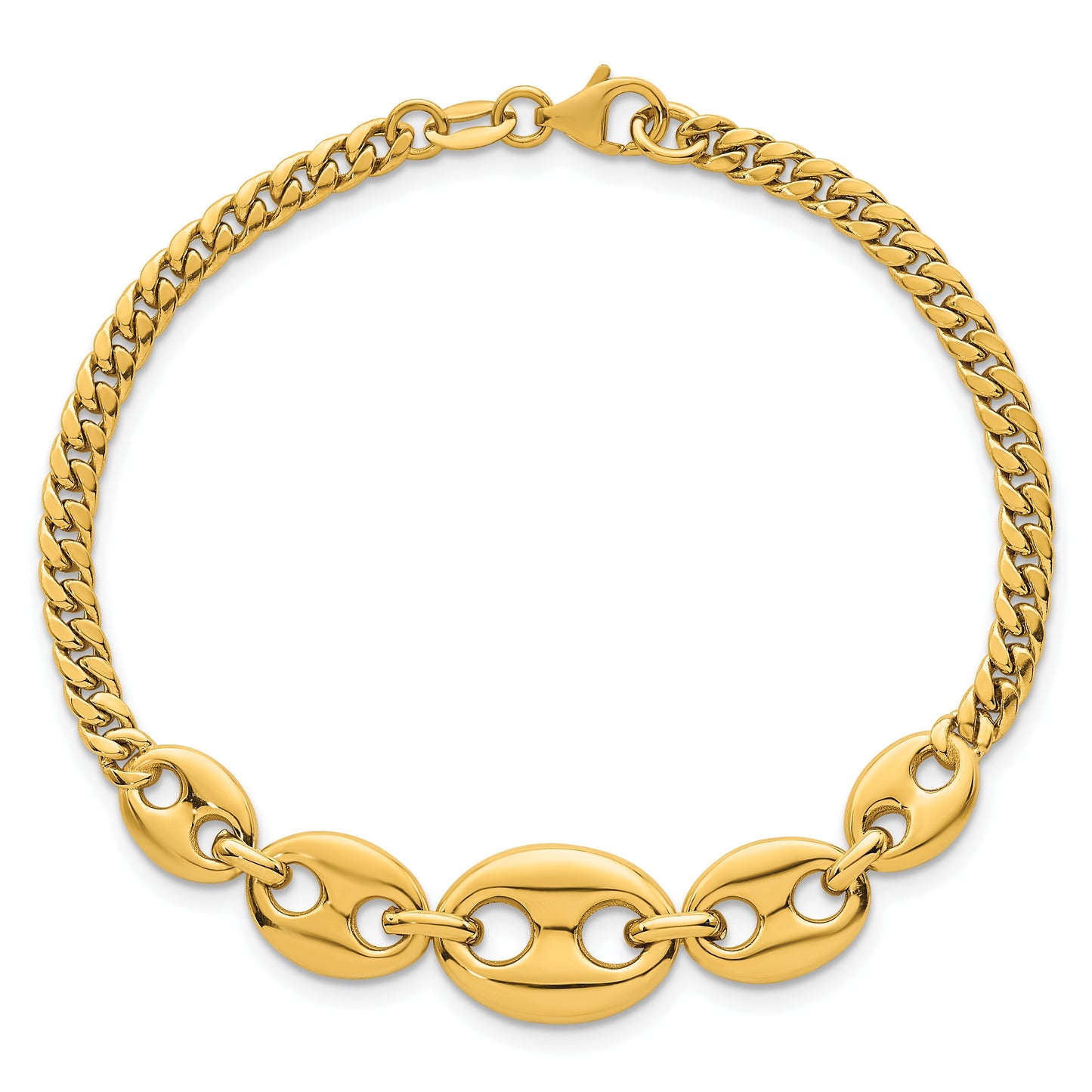 14k Polished Graduated Puffed Mariner and Curb Link 7 inch Bracelet