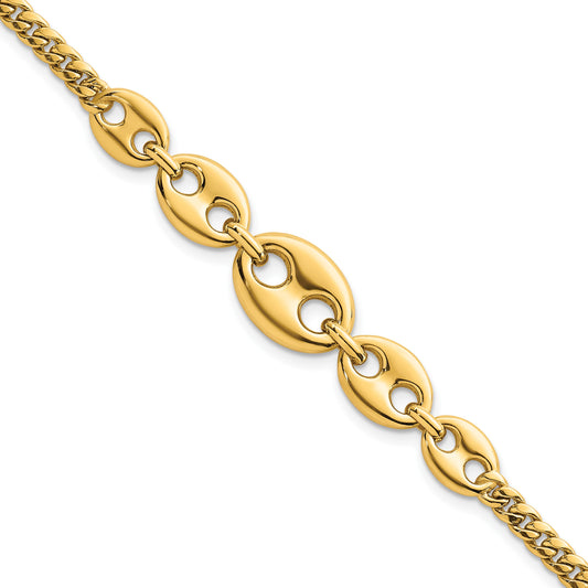 14k Polished Graduated Puffed Mariner and Curb Link 7 inch Bracelet