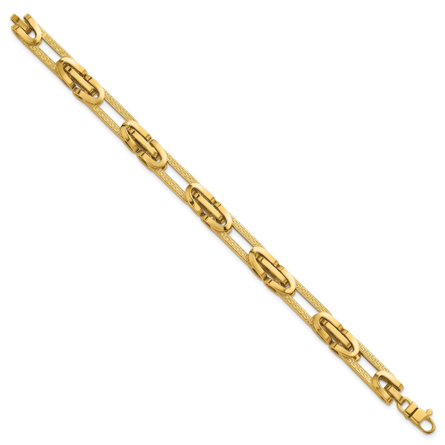 14k Polished and Textured 7.6mm Fancy Greek Key Design Oval Link 7.25 inch Bracelet