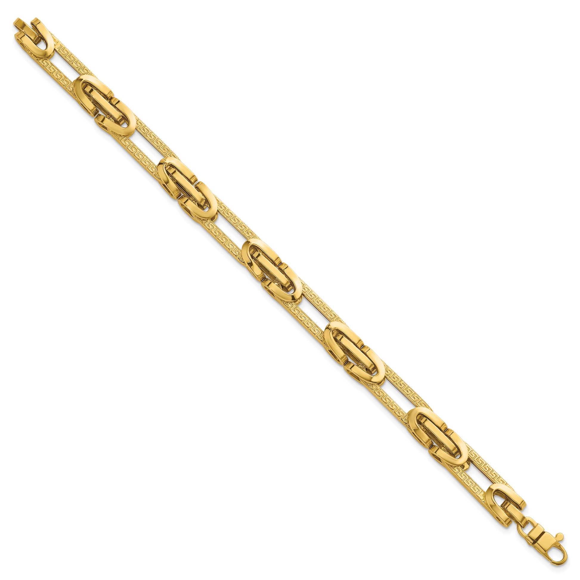 14k Polished and Textured 7.6mm Fancy Greek Key Design Oval Link 7.25 inch Bracelet