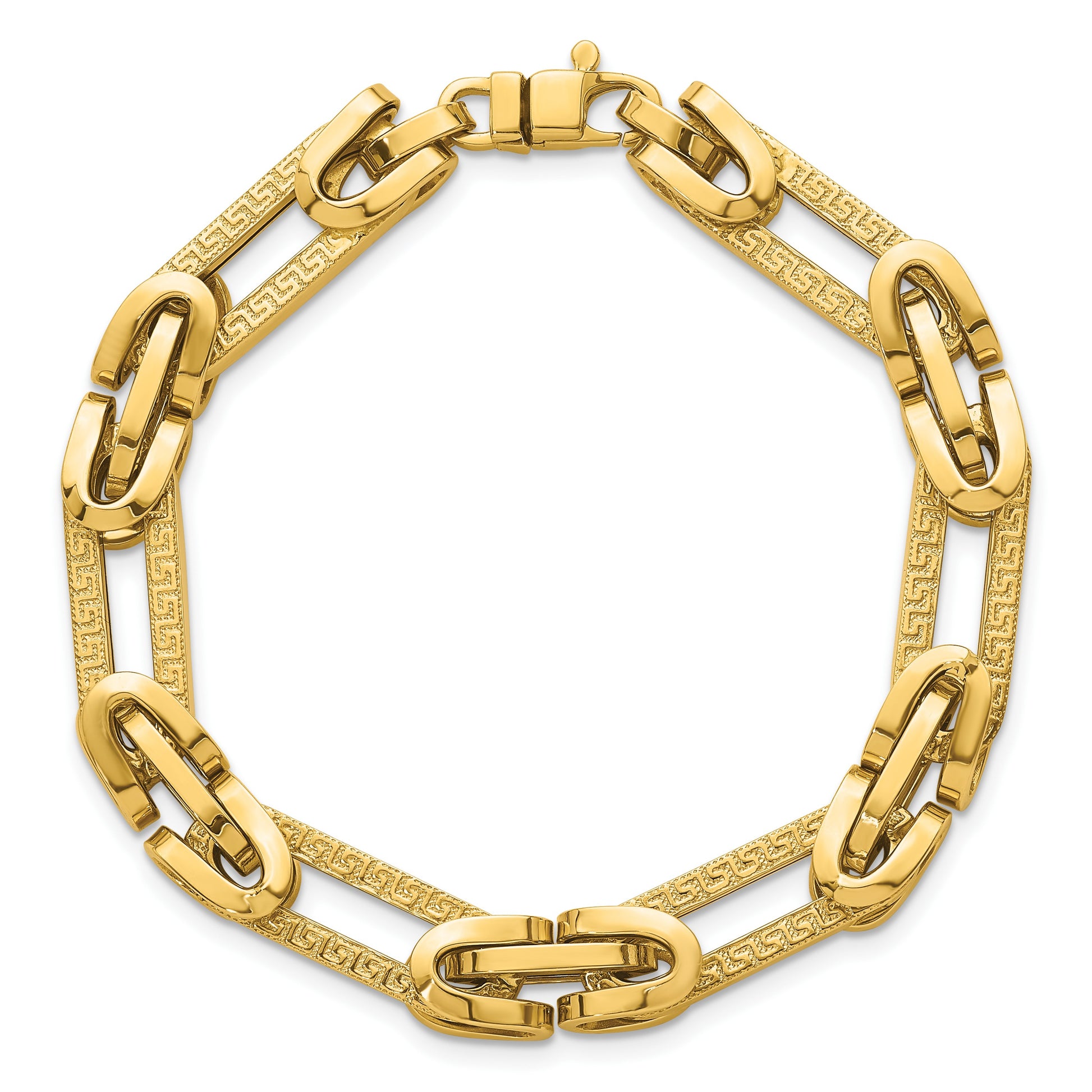 14k Polished and Textured 7.6mm Fancy Greek Key Design Oval Link 7.25 inch Bracelet