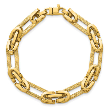 14k Polished and Textured 7.6mm Fancy Greek Key Design Oval Link 7.25 inch Bracelet