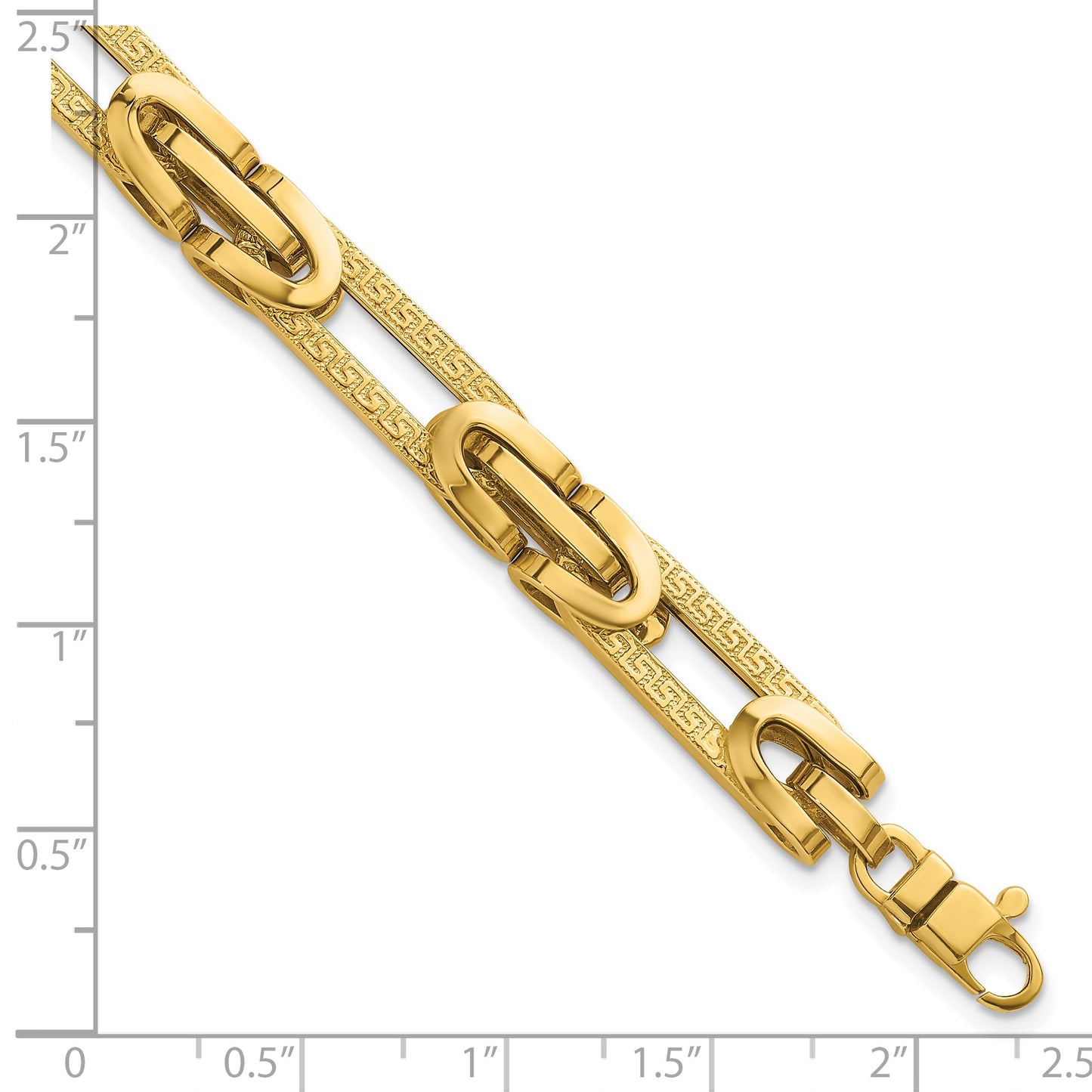 14k Polished and Textured 7.6mm Fancy Greek Key Design Oval Link 7.25 inch Bracelet