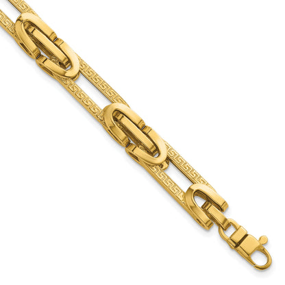 14k Polished and Textured 7.6mm Fancy Greek Key Design Oval Link 7.25 inch Bracelet