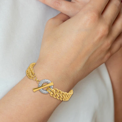 14k with White Rhodium 12.25mm Textured Fancy Chain with CZ Toggle 7.5 inch Bracelet