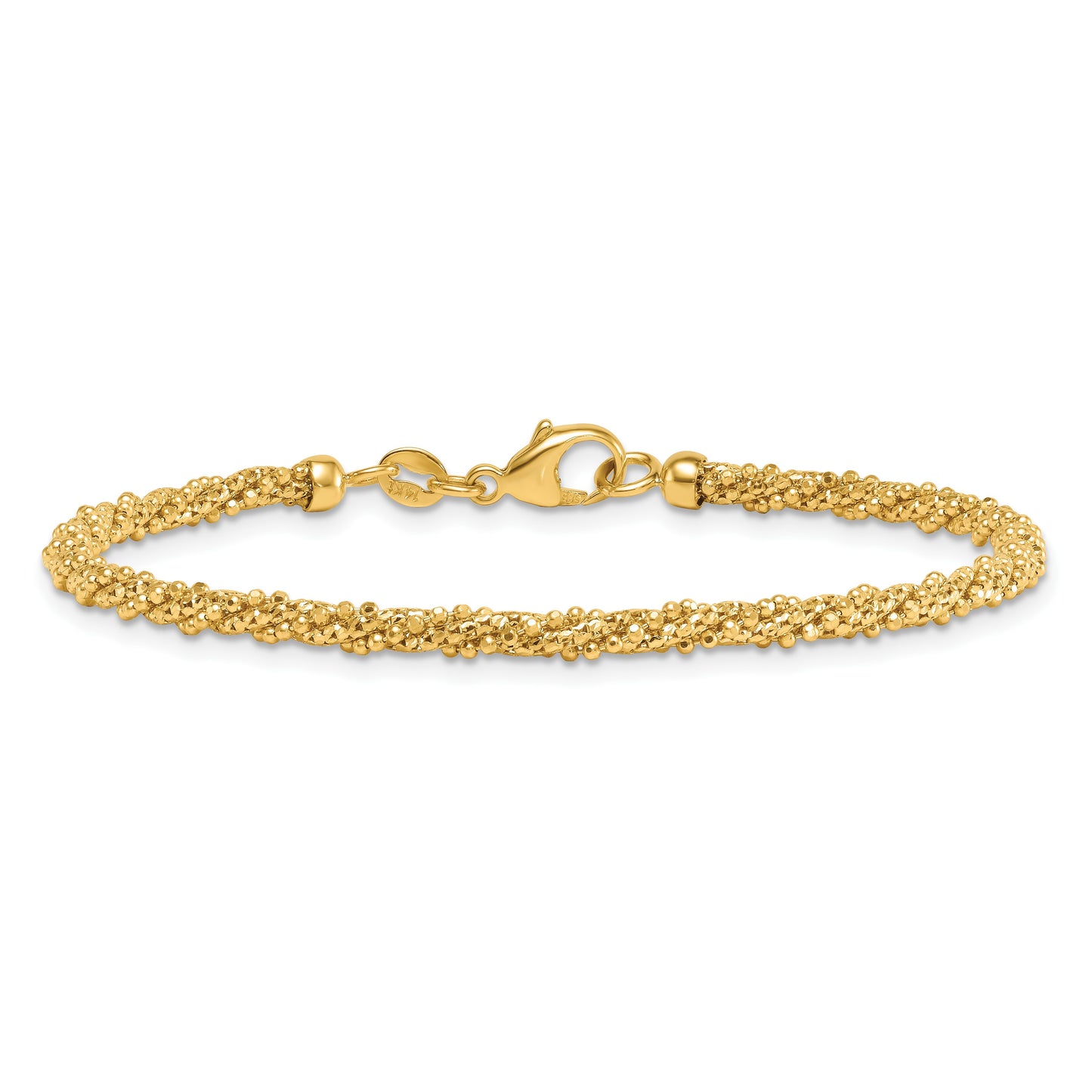 14k Polished and Textured 3mm Twisted Mesh Fancy Beaded 7.75 inch Bracelet