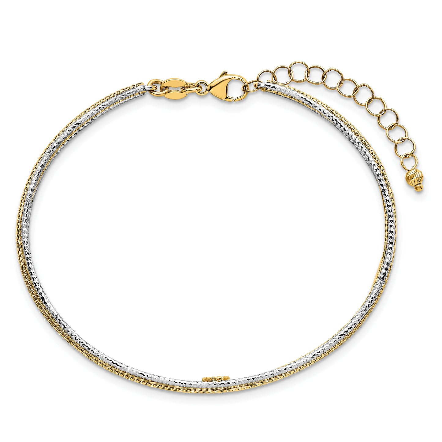 14k Two-Tone Textured Woven 5mm Flexible Bangle Bracelet Plus 1.25 inch Extender