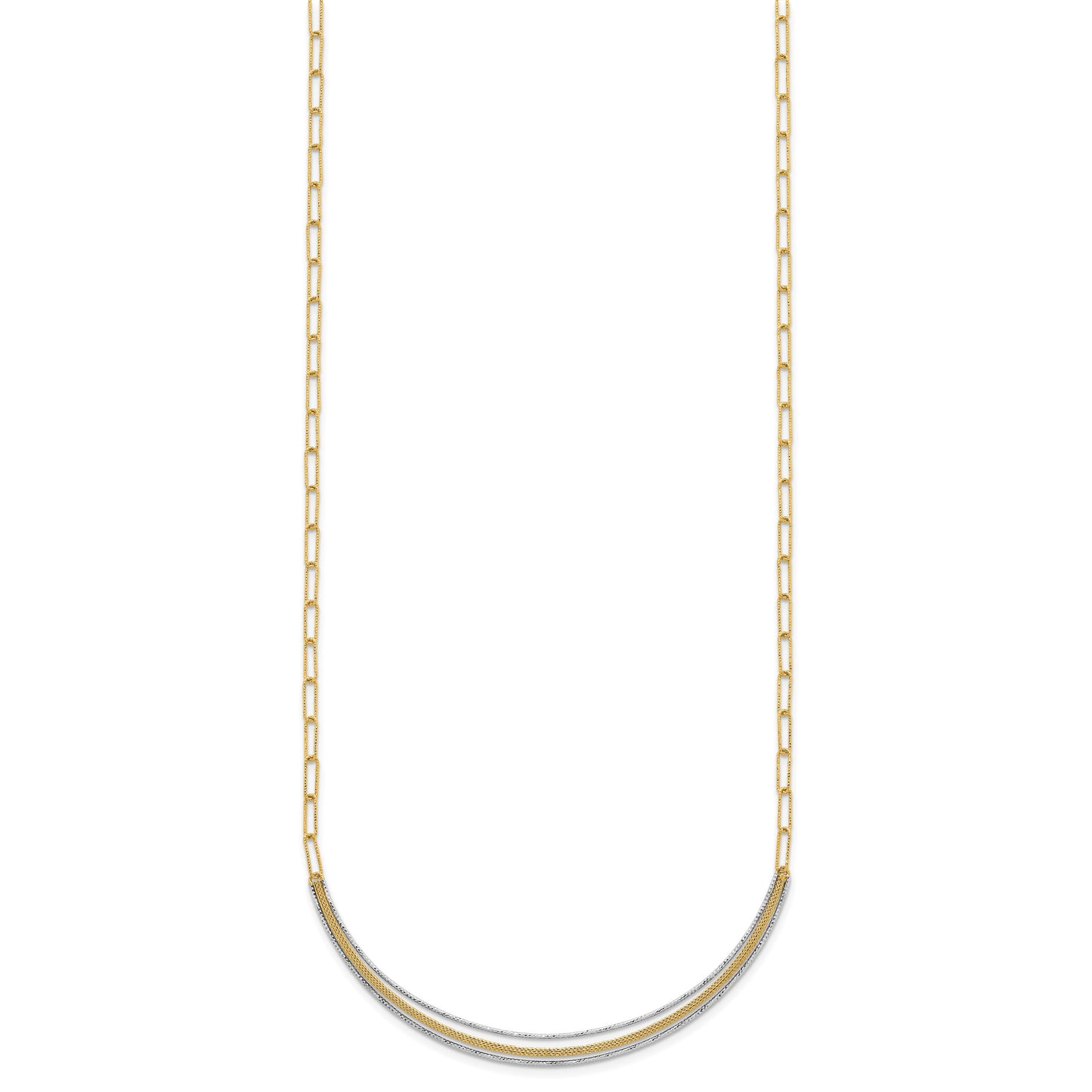 14k Two-Tone Textured Woven Curved Bar with Long Link 17 inch Necklace Plus 2 inch Extender