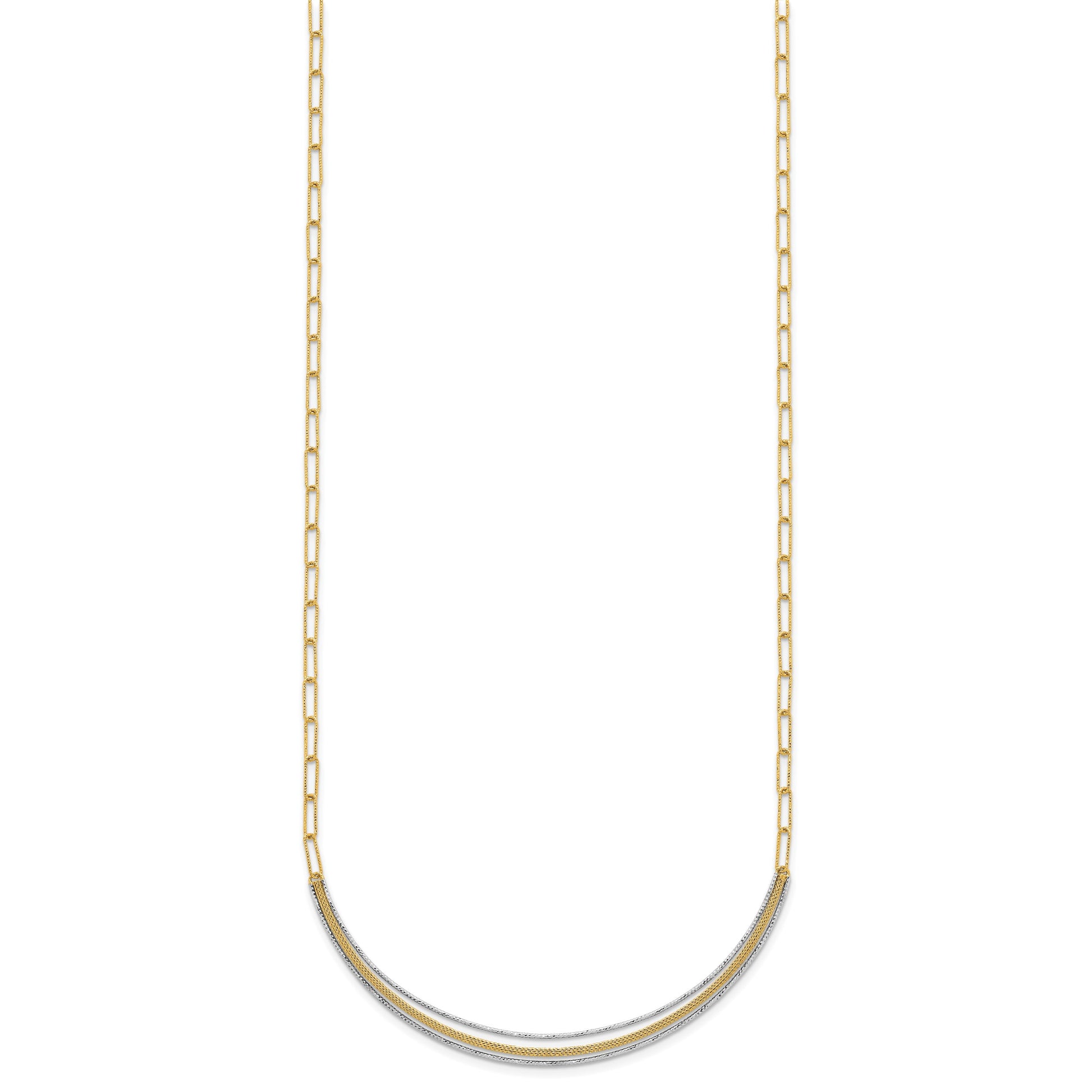 14k Two-Tone Textured Woven Curved Bar with Long Link 17 inch Necklace Plus 2 inch Extender