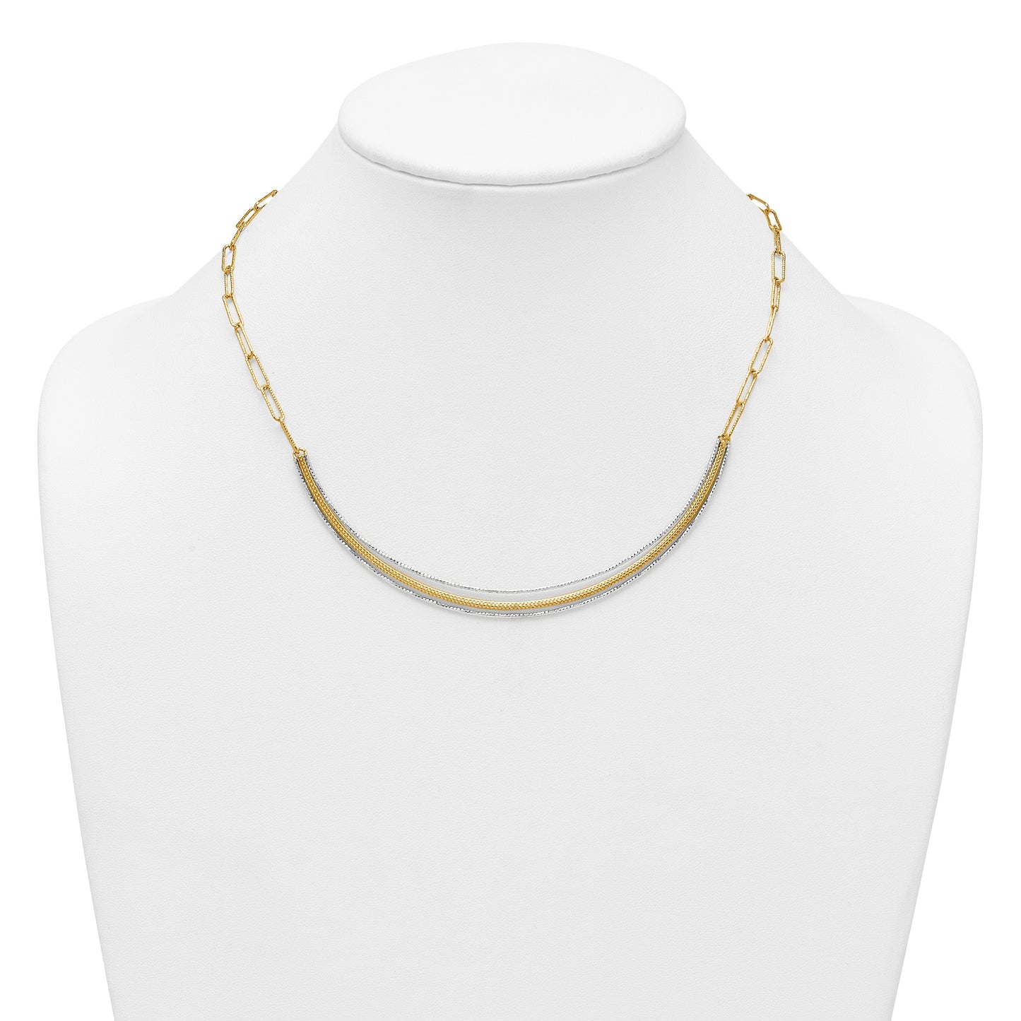 14k Two-Tone Textured Woven Curved Bar with Long Link 17 inch Necklace Plus 2 inch Extender
