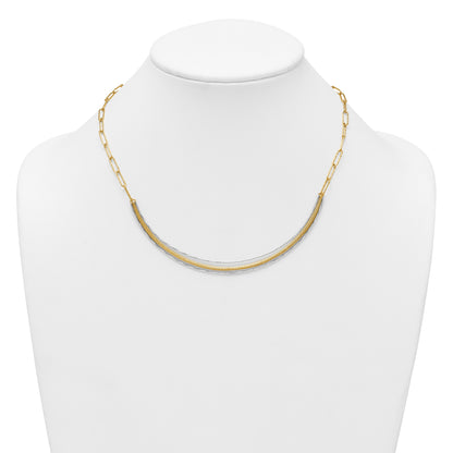 14k Two-Tone Textured Woven Curved Bar with Long Link 17 inch Necklace Plus 2 inch Extender