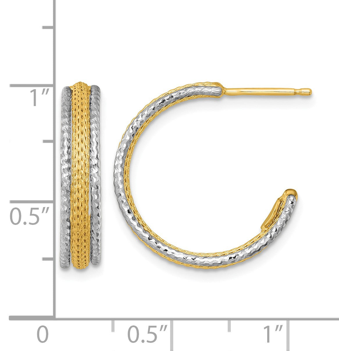 14k Two-Tone Textured Woven 4mm x 20mm J-Hoop Post Earrings