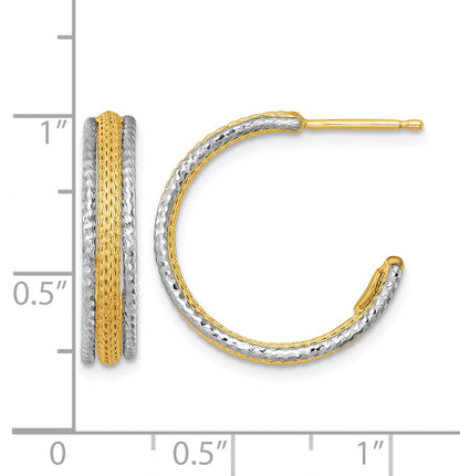 14k Two-Tone Textured Woven 4mm x 20mm J-Hoop Post Earrings