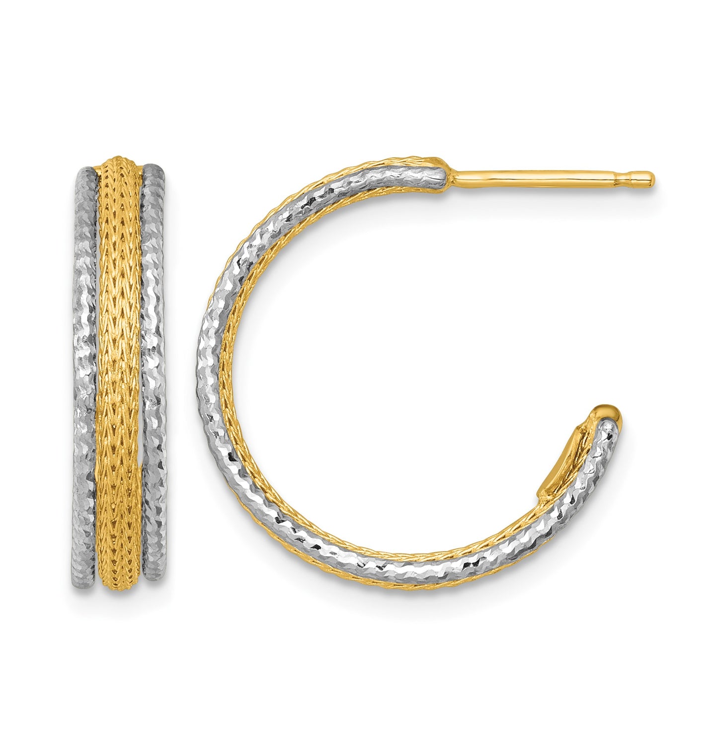 14k Two-Tone Textured Woven 4mm x 20mm J-Hoop Post Earrings