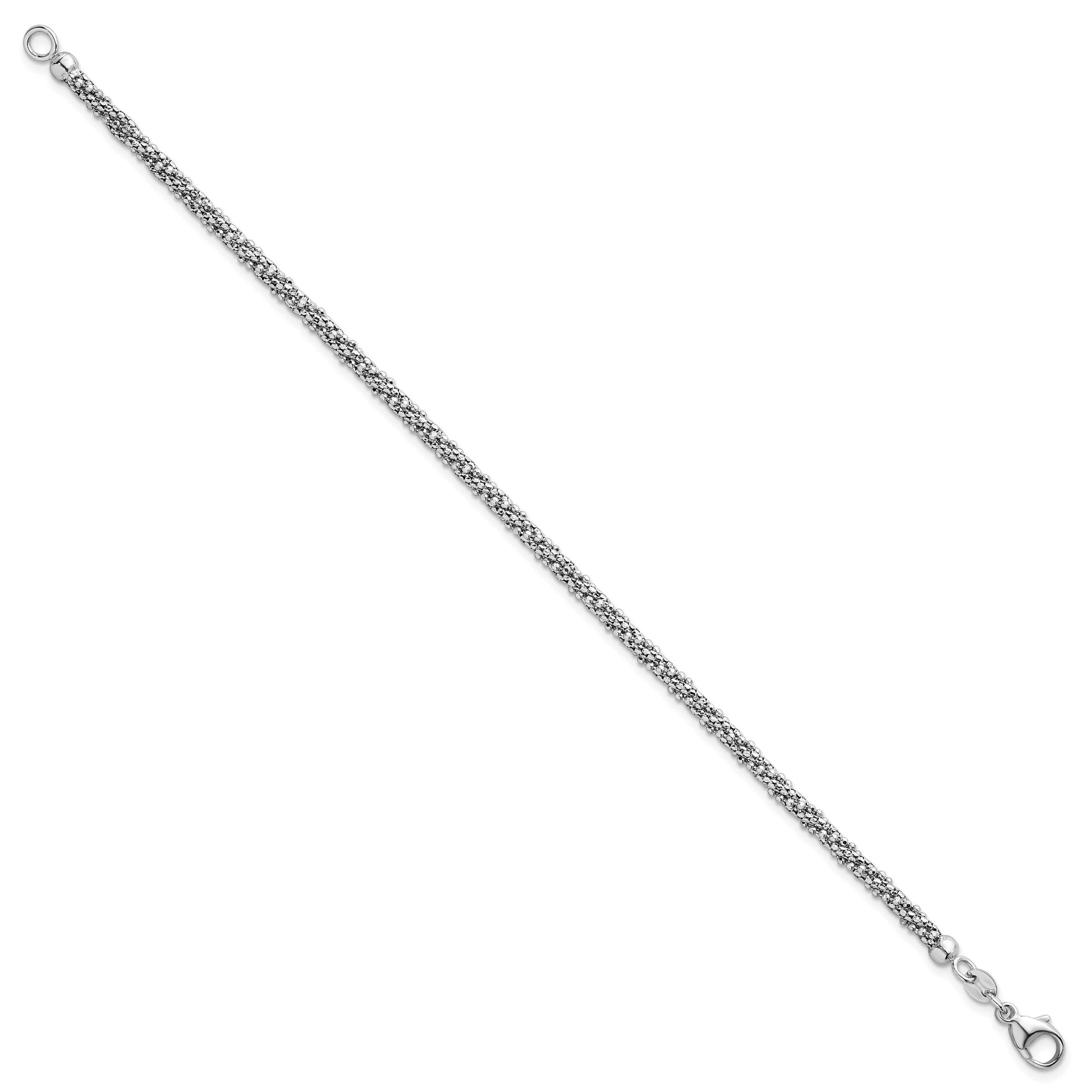 14k White Gold Polished and Textured 3mm Twisted Mesh Fancy Beaded 7.75 inch Bracelet