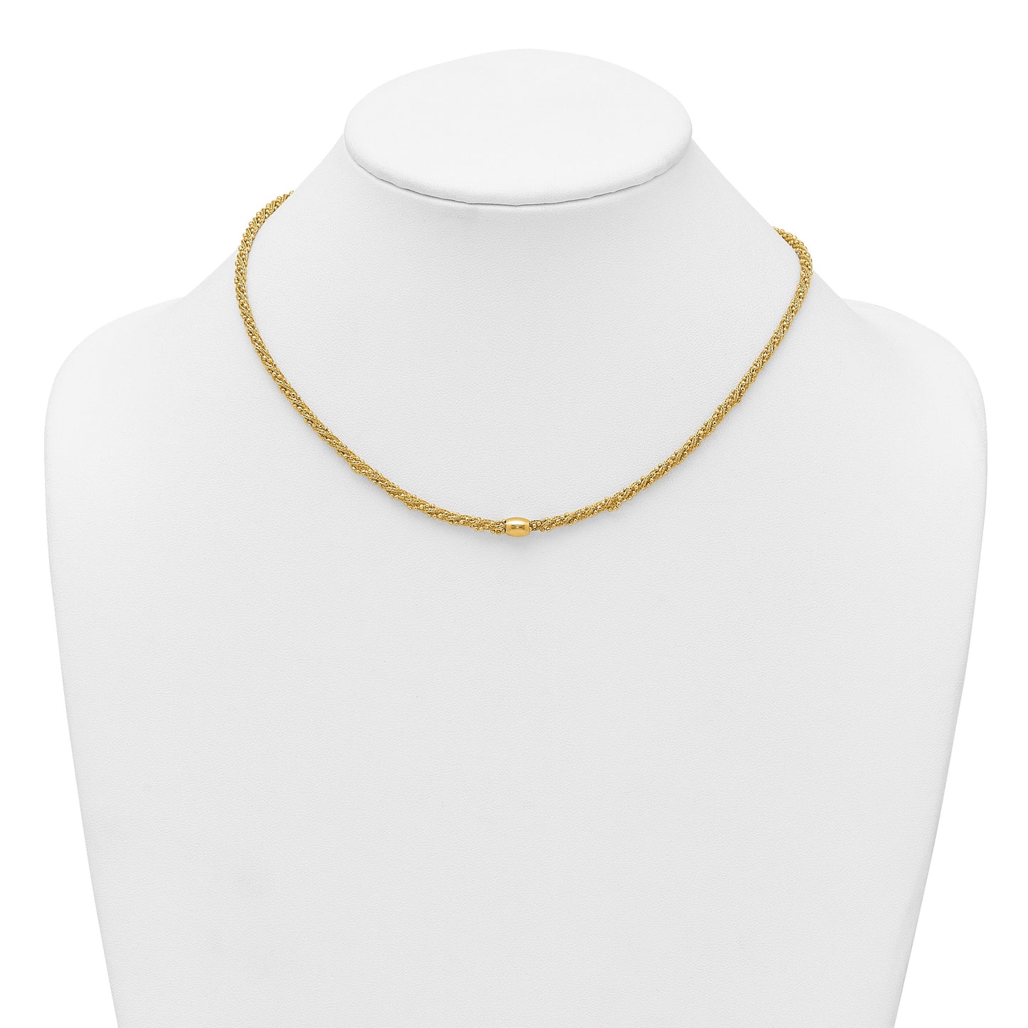14k Polished and Textured Twisted with Bead 17 inch Necklace