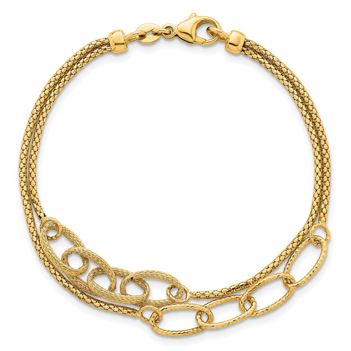 14K Polished and Textured Woven Double Strand with Oval Links 7.25 inch Bracelet