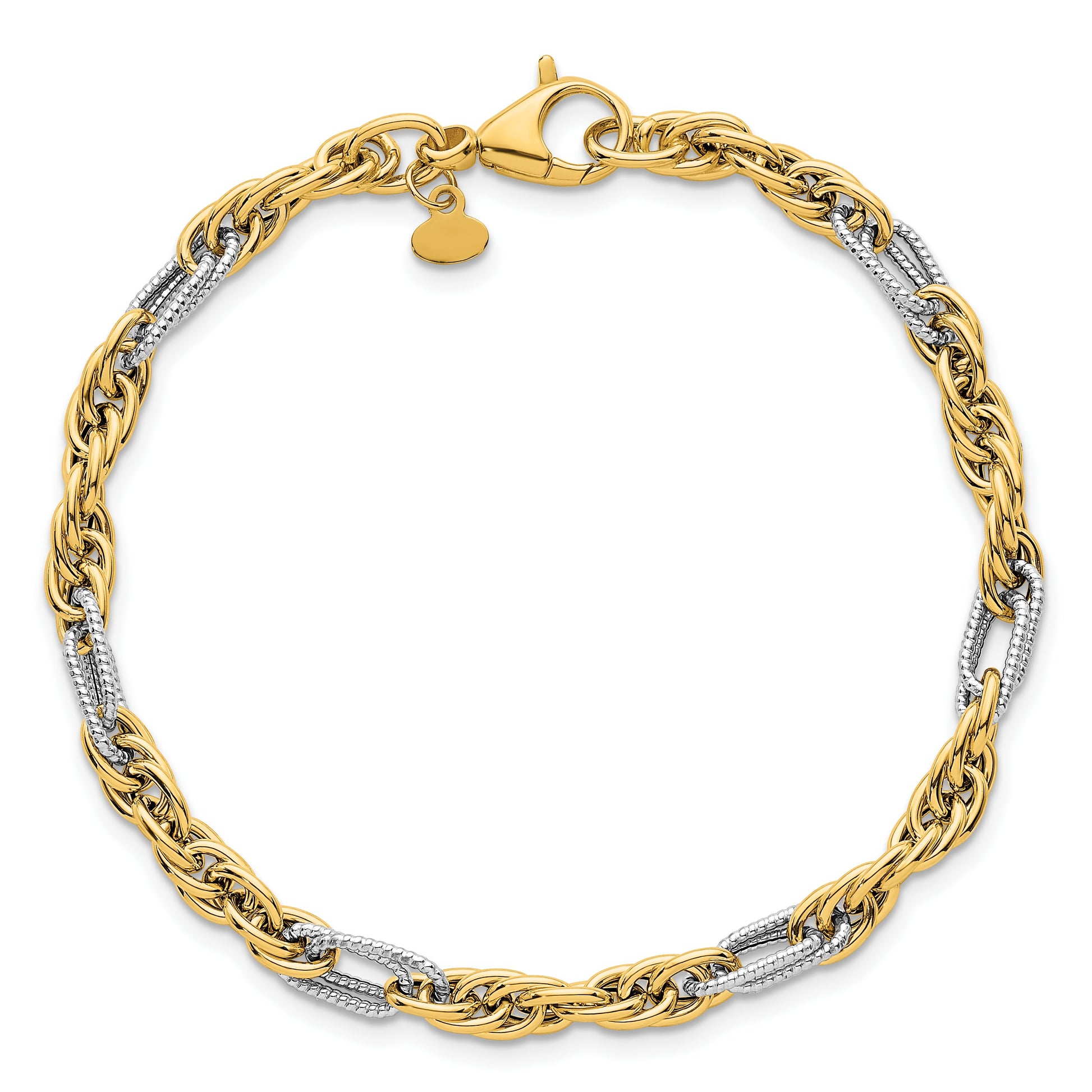 14k with White Rhodium Polished 4.2mm Fancy Rope Chain 7.5 inch Bracelet