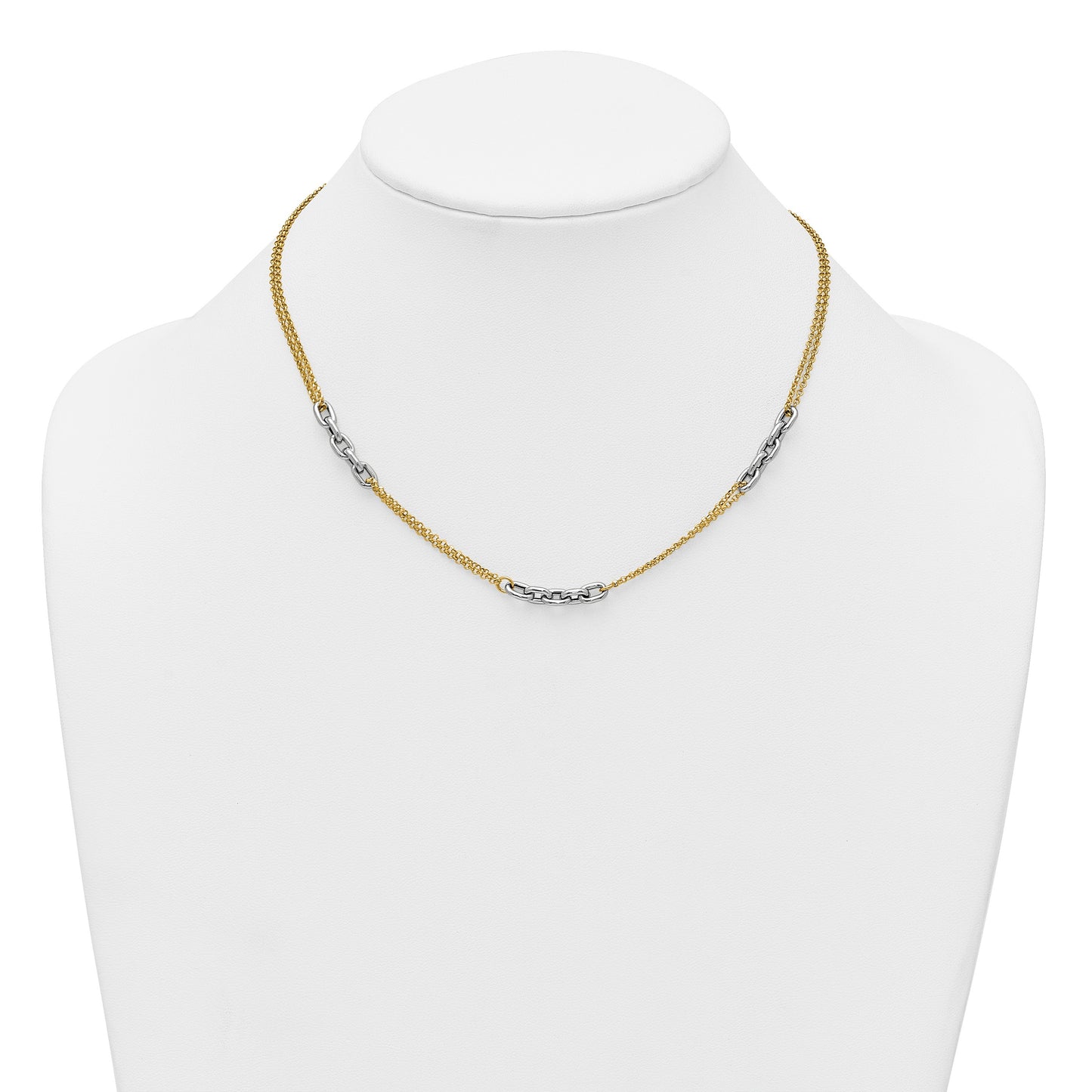 14K Two-Tone Polished 4.8mm Fancy Oval Link and Double Strand Chain 17 inch Necklace Plus 2 inch Extender
