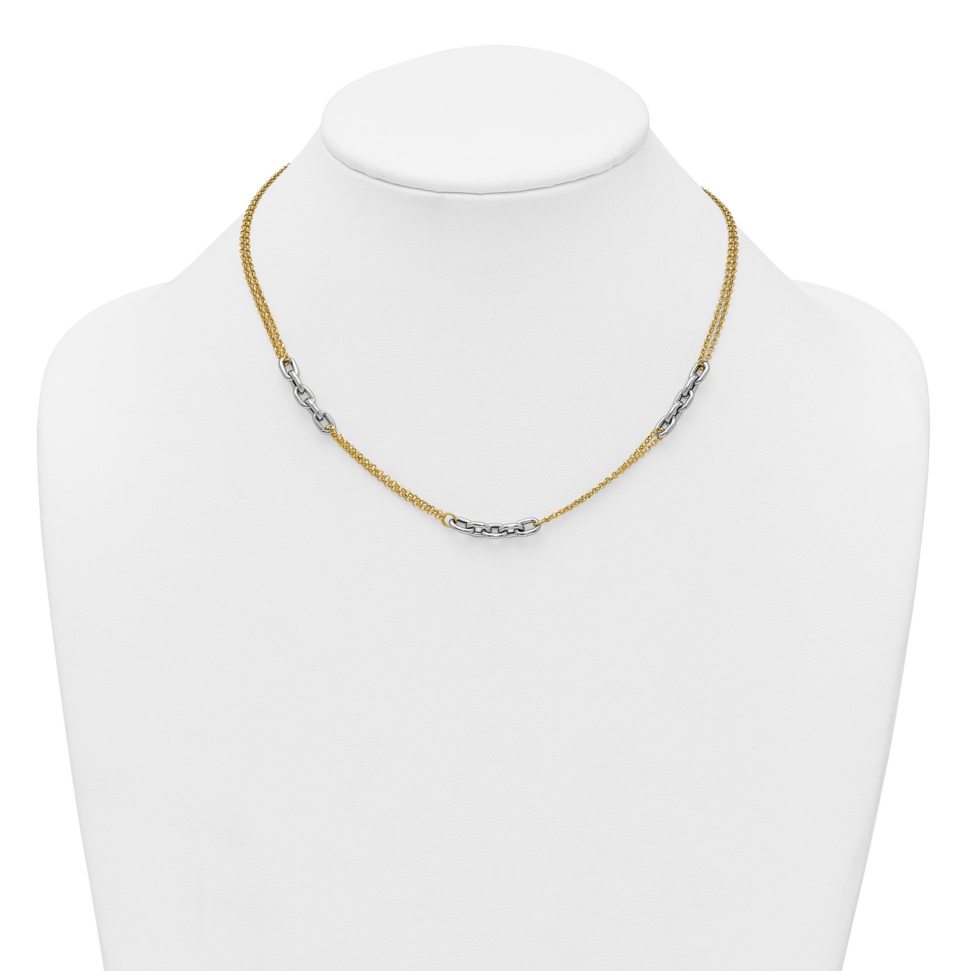 14K Two-Tone Polished 4.8mm Fancy Oval Link and Double Strand Chain 17 inch Necklace Plus 2 inch Extender