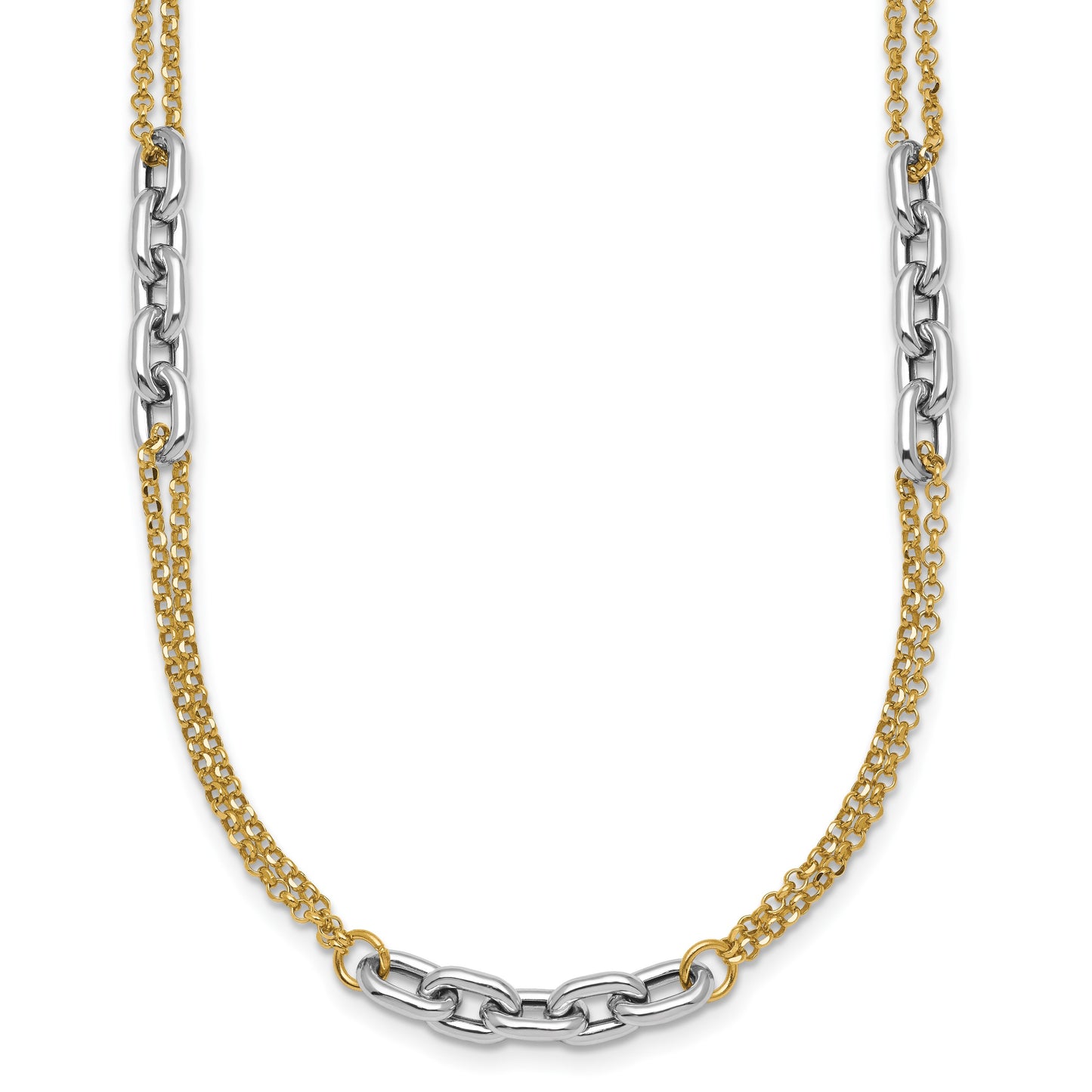 14K Two-Tone Polished 4.8mm Fancy Oval Link and Double Strand Chain 17 inch Necklace Plus 2 inch Extender