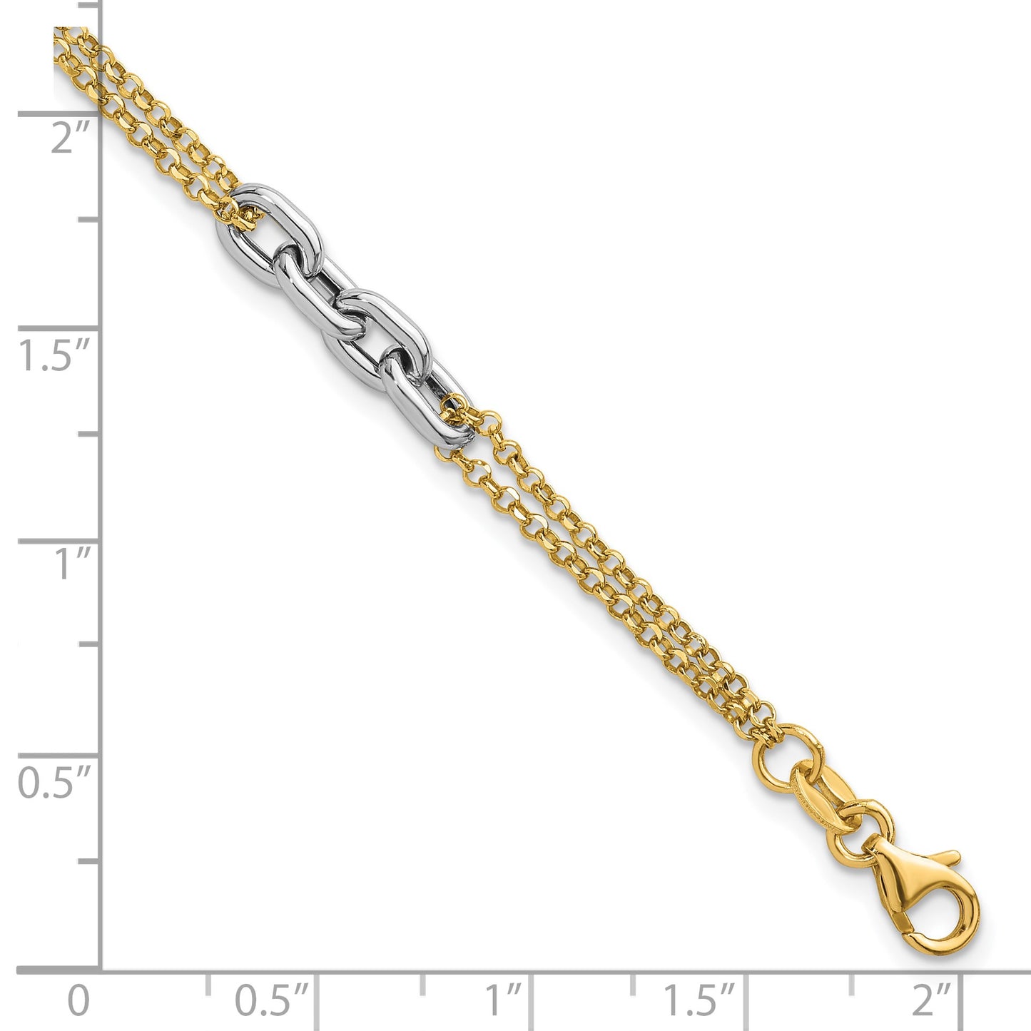 14K Two-Tone Polished Fancy Oval Link and Double Strand Chain 7.25 inch with 1 inch extension Bracelet