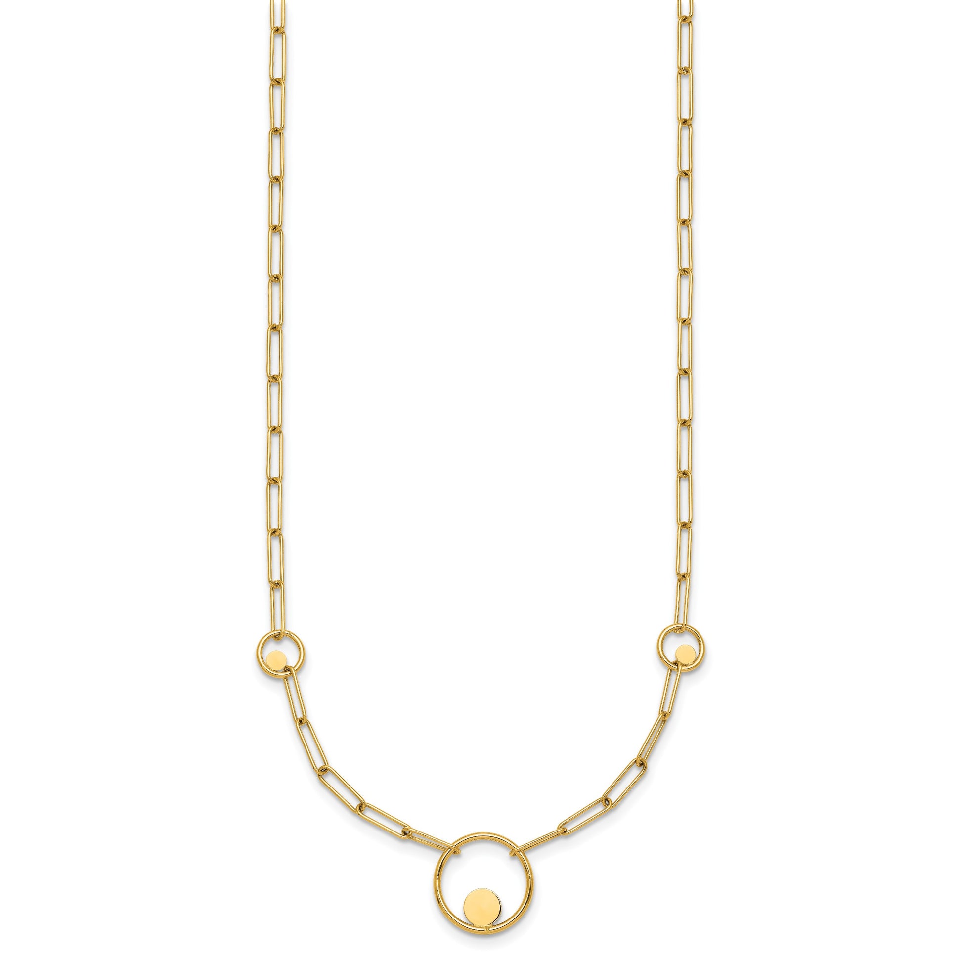 14k Polished Circle in Circle and Paper Clip Links 3-Station 16.75 inch Necklace