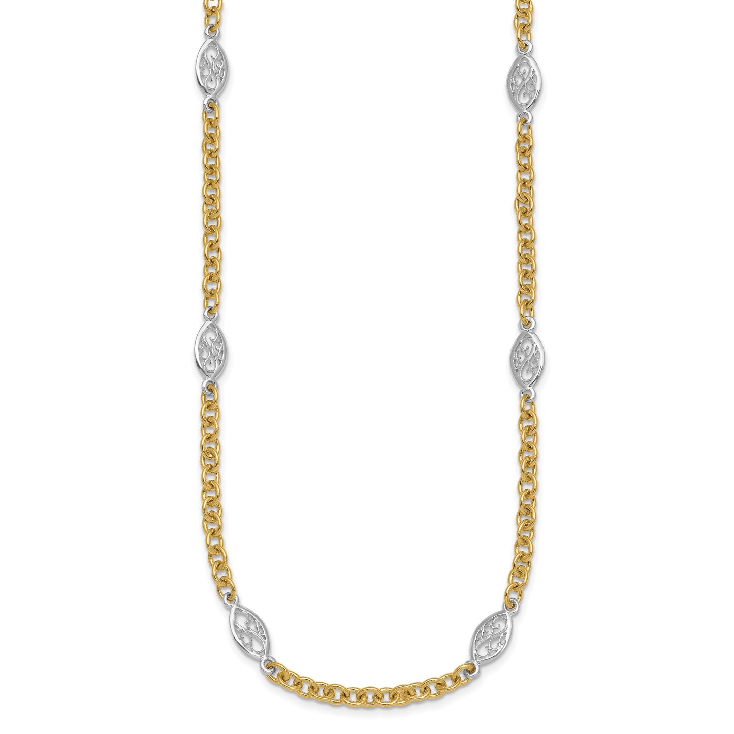 14k Two-tone Polished 6.5mm Fancy Cable Chain and Filigree Oval 18 inch Necklace