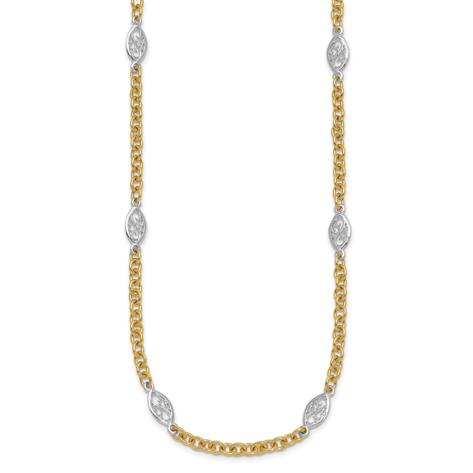 14k Two-tone Polished 6.5mm Fancy Cable Chain and Filigree Oval 18 inch Necklace