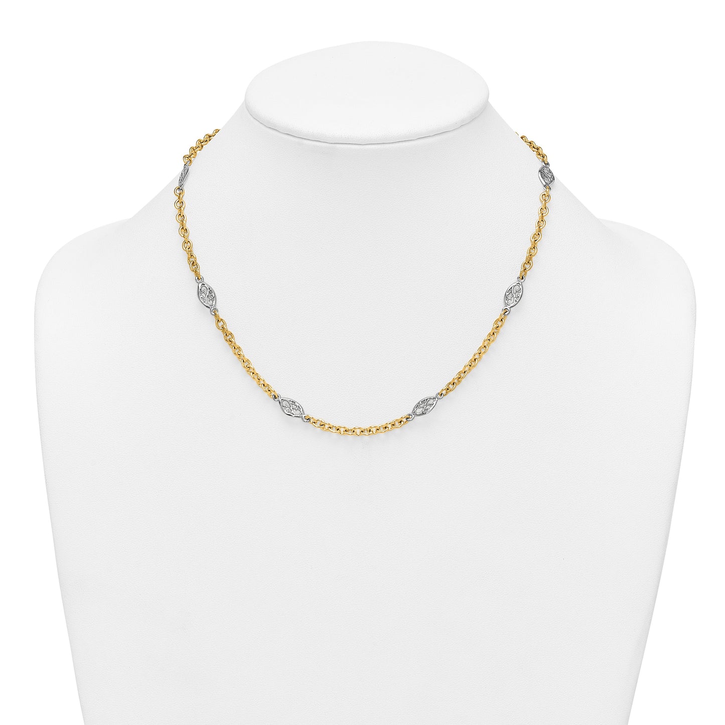 14k Two-tone Polished 6.5mm Fancy Cable Chain and Filigree Oval 18 inch Necklace