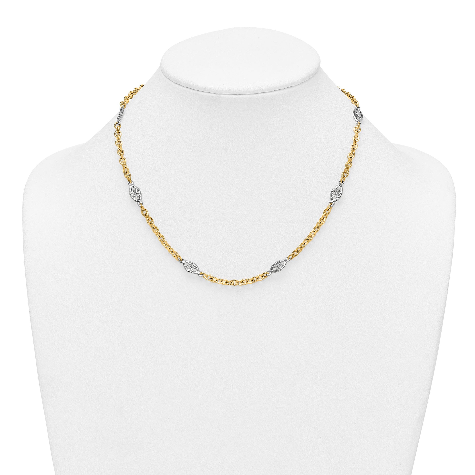 14k Two-tone Polished 6.5mm Fancy Cable Chain and Filigree Oval 18 inch Necklace