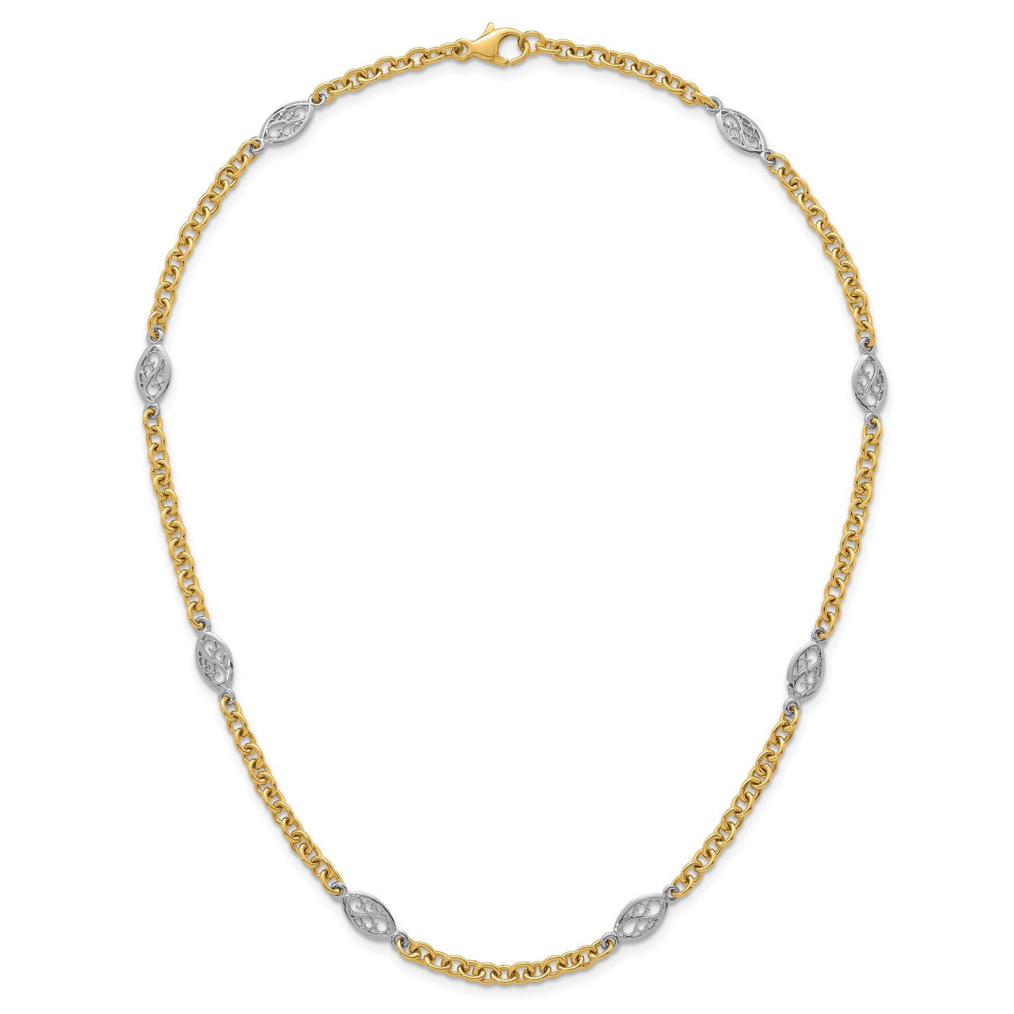 14k Two-tone Polished 6.5mm Fancy Cable Chain and Filigree Oval 18 inch Necklace