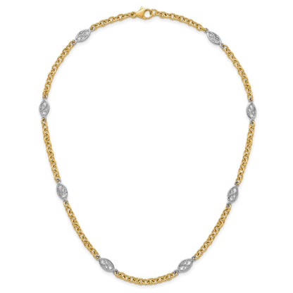 14k Two-tone Polished 6.5mm Fancy Cable Chain and Filigree Oval 18 inch Necklace