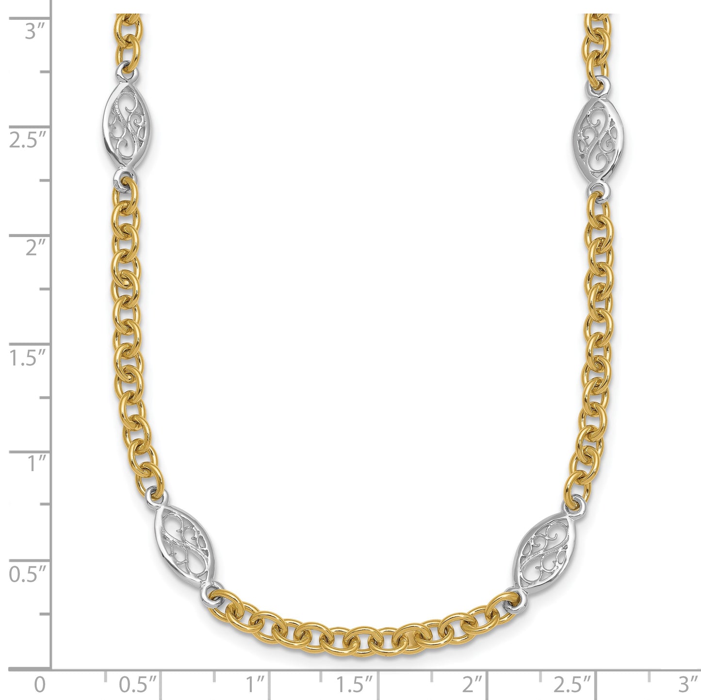 14k Two-tone Polished 6.5mm Fancy Cable Chain and Filigree Oval 18 inch Necklace