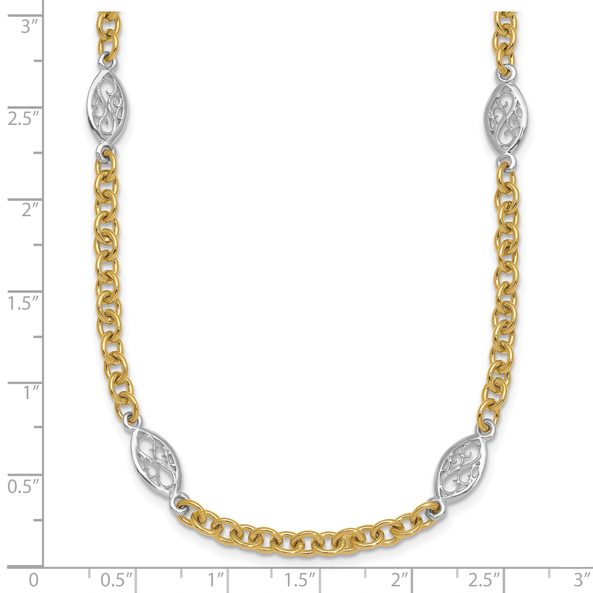 14k Two-tone Polished 6.5mm Fancy Cable Chain and Filigree Oval 18 inch Necklace