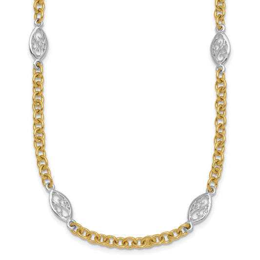 14k Two-tone Polished 6.5mm Fancy Cable Chain and Filigree Oval 18 inch Necklace