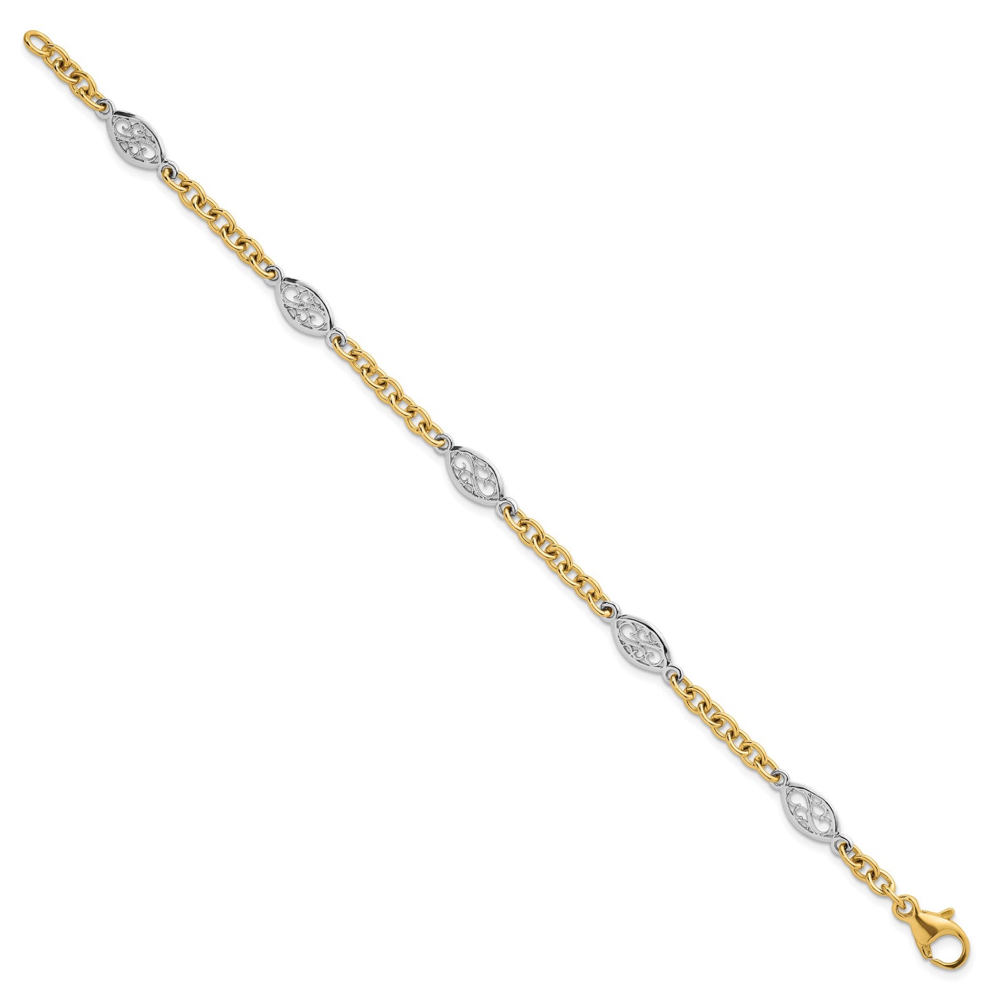 14k Two-tone Polished 6.5mm Fancy Cable Chain and Filigree Oval 7.25 inch Bracelet
