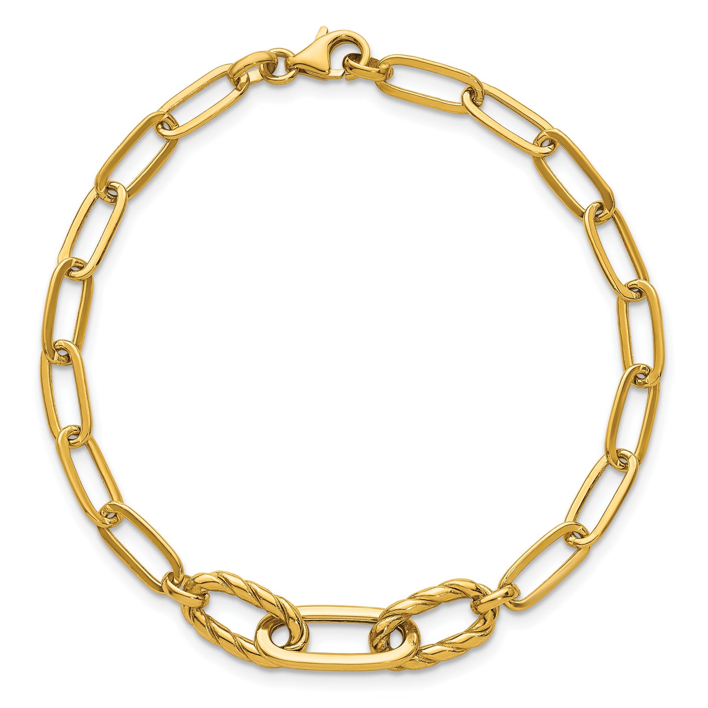 14K Polished Fancy Oval and Twisted Link 7.5 inch Paperclip Bracelet