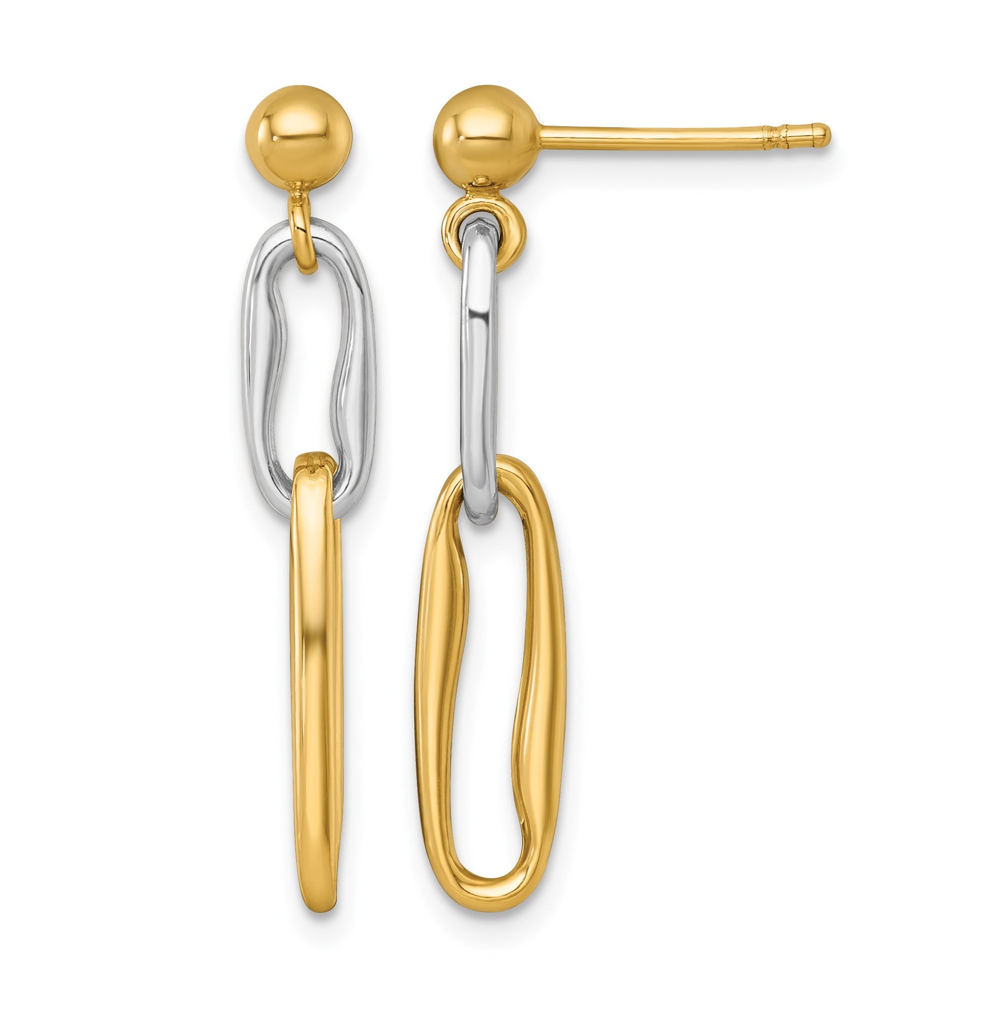 14k Two-tone Polished Fancy Long Link Dangle Post Earrings