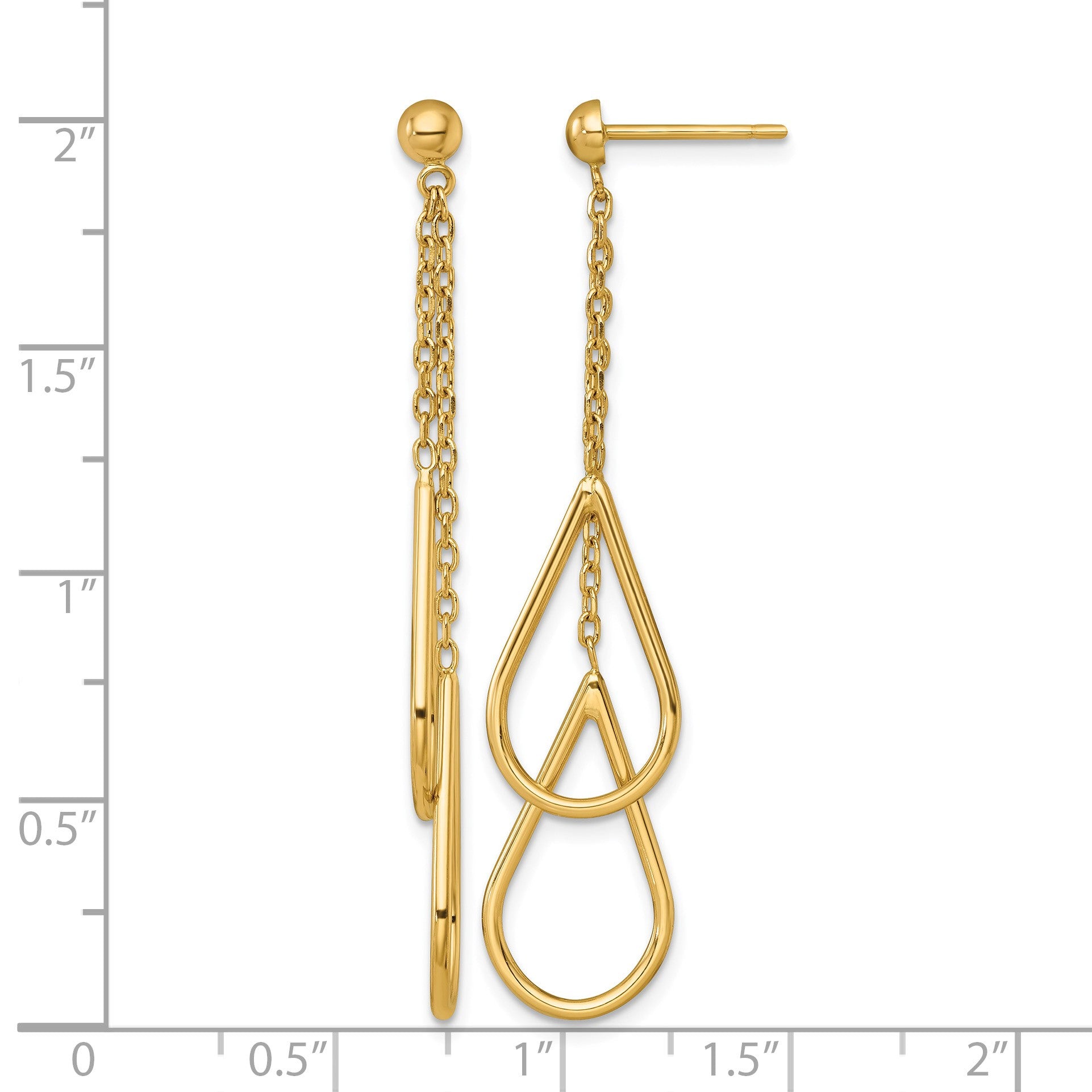14k Polished Two Teardrops and Chain Dangle Post Earrings