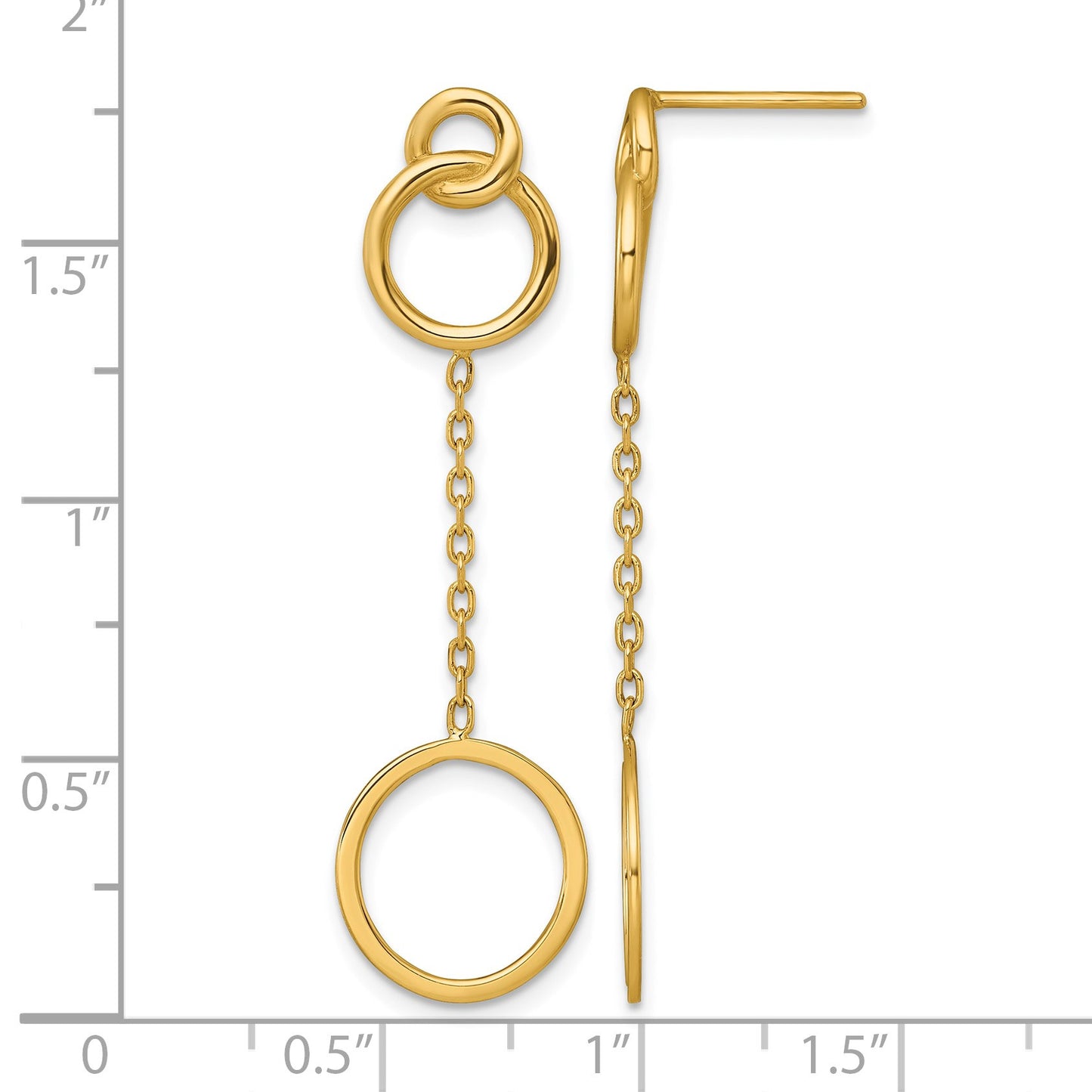 14k Polished 2 Circles and Chain Dangle Post Earrings